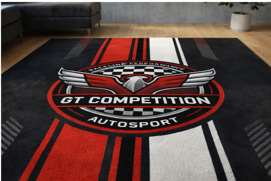 Sports Car Racing Rug – Modern Black Red Auto Carpet for Bedroom & Living Room