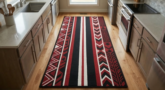 Modern Tribal Kitchen Runner Rug - Red, Black & White Geometric Washable Floor Mat