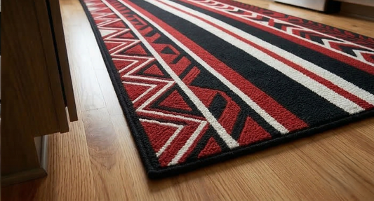 Modern Tribal Kitchen Runner Rug - Red, Black & White Geometric Washable Floor Mat