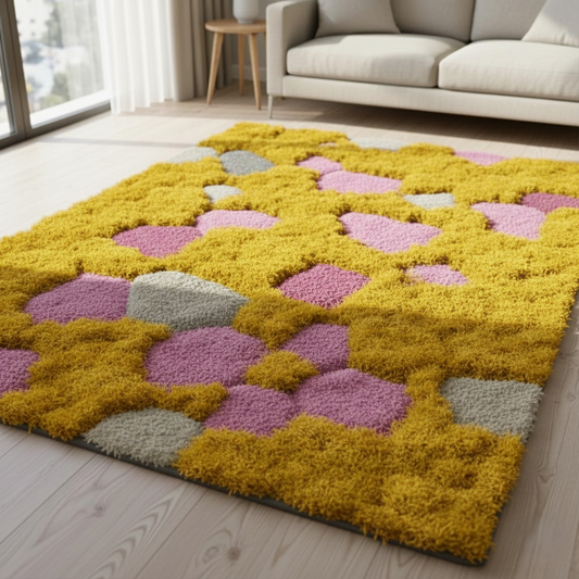 Hand Tufted Floral Rug Mustard Yellow Pink, Modern Shag Area Rug, Soft Cozy Living Room Carpet, Trendy Bedroom Floor Rug
